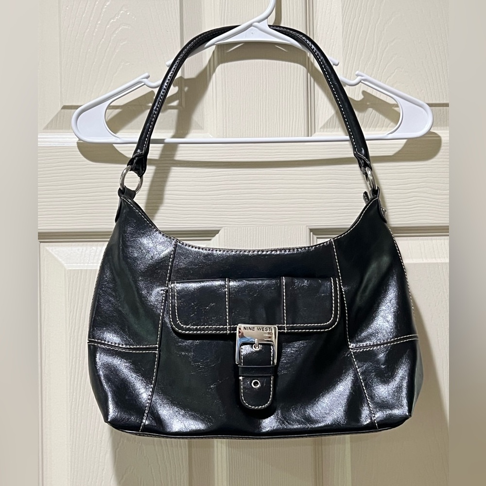 Nine West Black Shoulder Bag with Front Buckle Detail